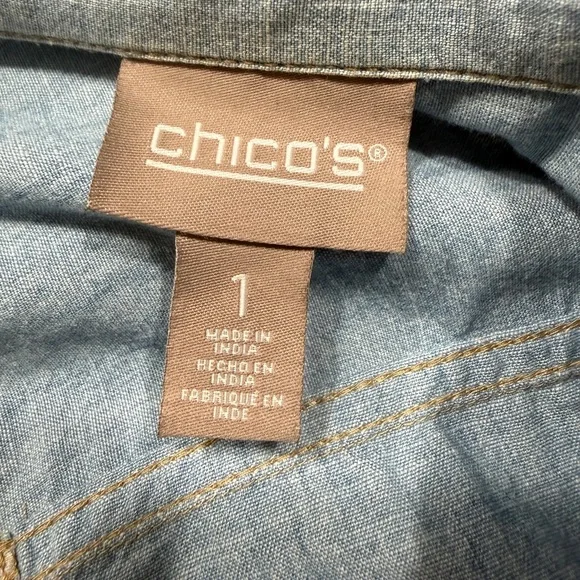 Chico’s Patchwork Denim Jacket Blue Boho Print Cotton Size Medium (1) - Picture 9 of 10